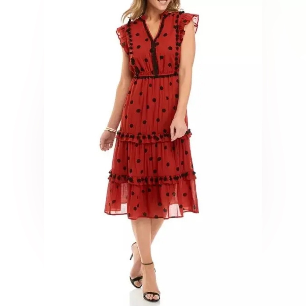 Crown & Ivy Fall Orange Ruffle Tier Pom Pom Polka Dot Printed Dress Size Large